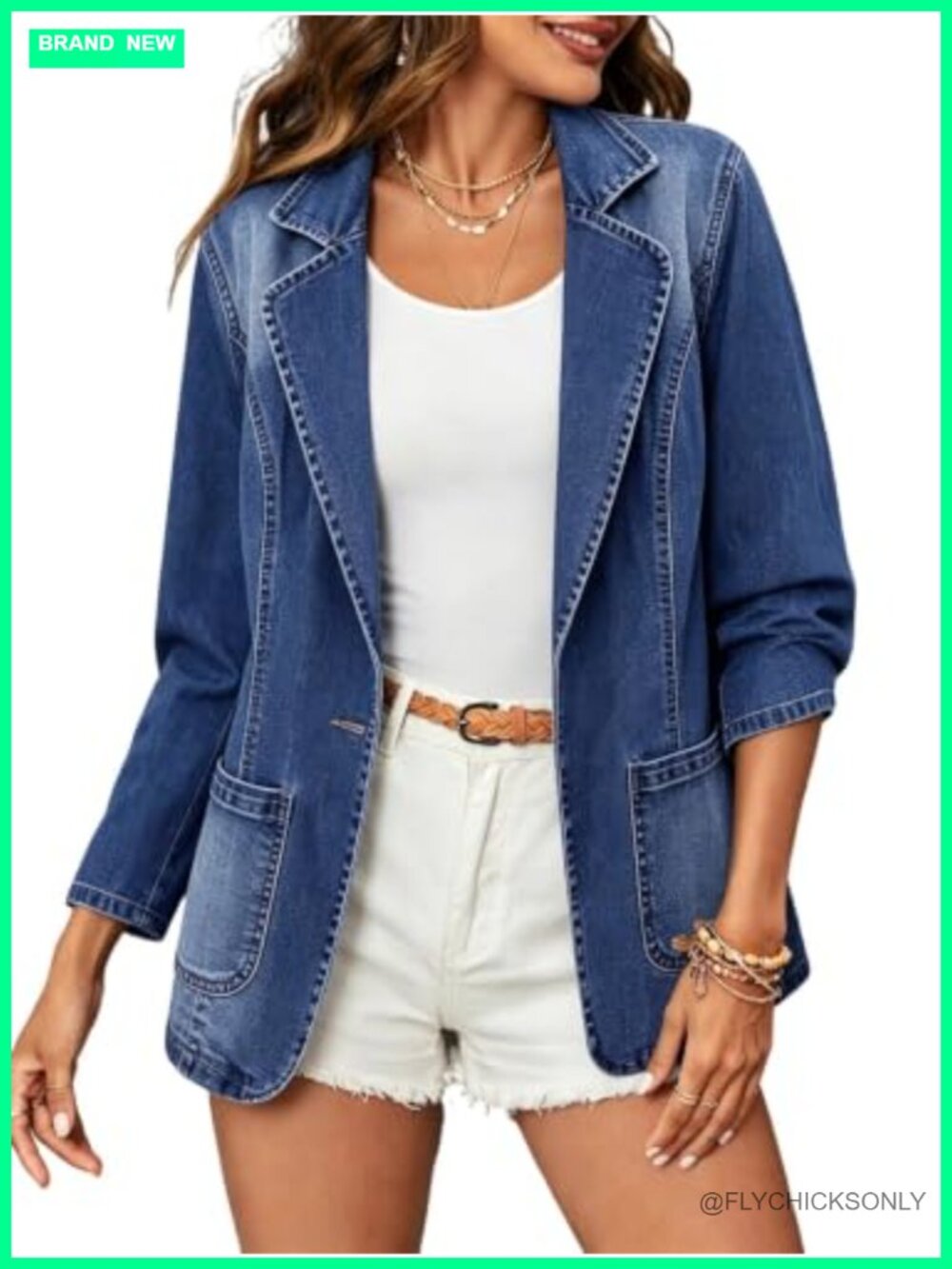 Notched Lapel Denim Blazer One Button Long Sleeve Slim Jean Jacket
